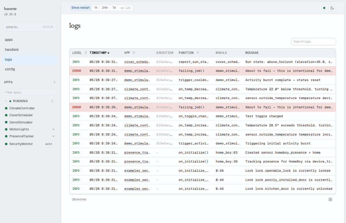 Logs page
