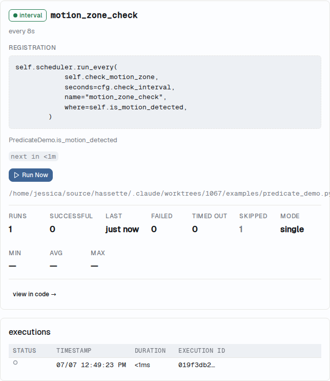 Job detail showing a where= predicate, the Skipped stat, and a skipped execution row